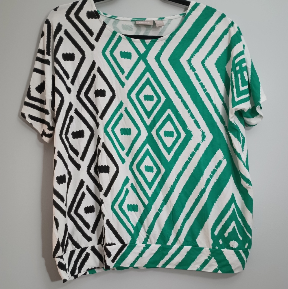 Chico's Black Green And White Geometric Short Sleeve Top L‎